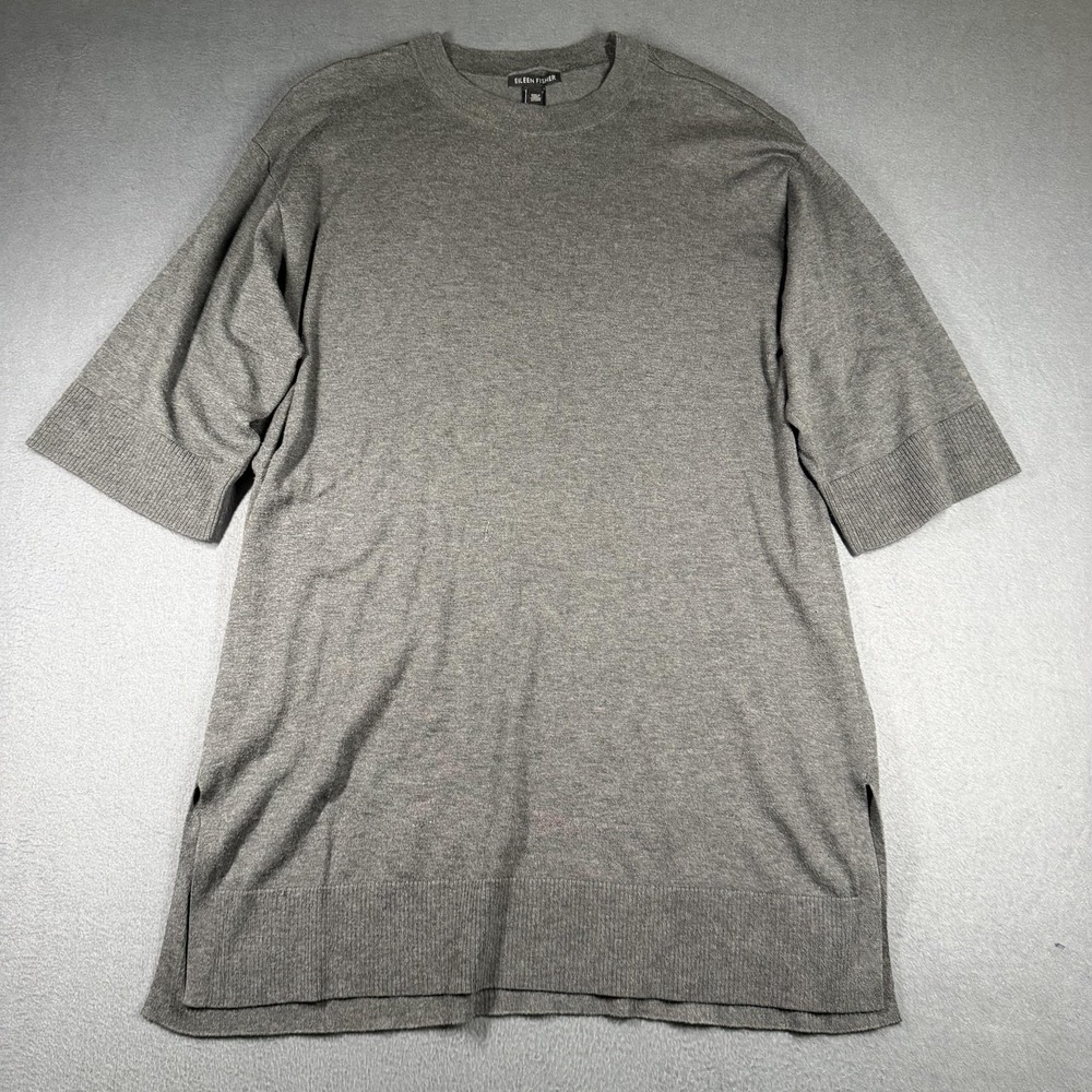 Eileen Fisher Sweater Womens XS Gray Tunic Crew Neck 3/4 Sleeve Knit Top